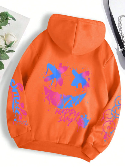 Happy Day Graffiti Print Women Hoodie Street Hip Hop Hoody Fashion Crewneck Versatile Hoodies Vintage Oversize Clothes Female