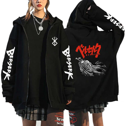 Anime Berserk Guts Printed Zipper Hoodie For Men Women Manga Gothic Vintage Sweatshirt Harajuku Long Sleeves Zip Up Jacket Coats