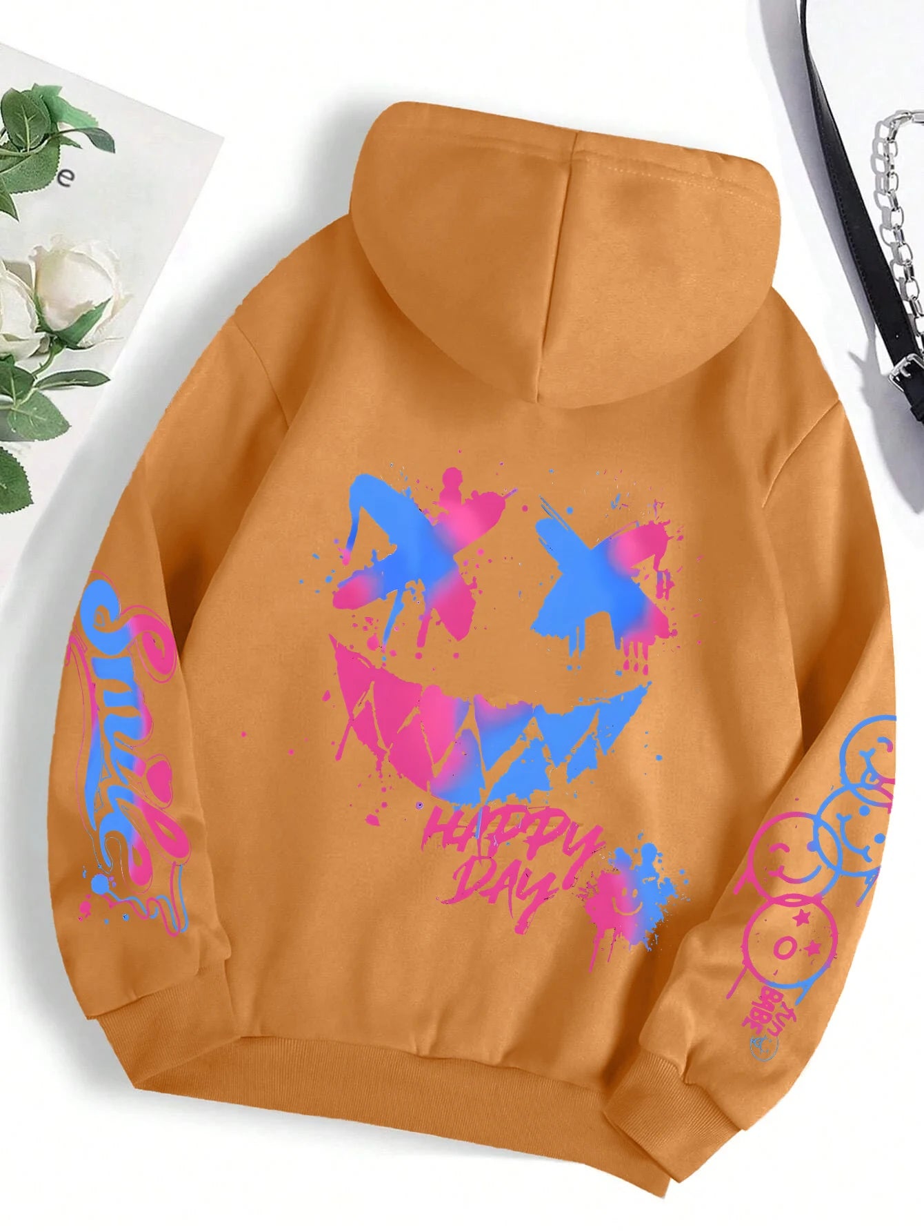 Happy Day Graffiti Print Women Hoodie Street Hip Hop Hoody Fashion Crewneck Versatile Hoodies Vintage Oversize Clothes Female