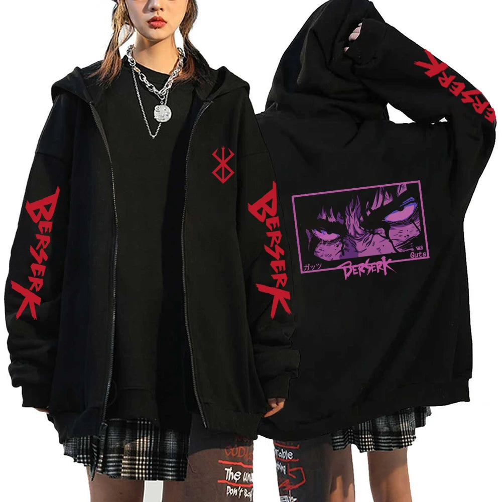 Anime Berserk Guts Printed Zipper Hoodie For Men Women Manga Gothic Vintage Sweatshirt Harajuku Long Sleeves Zip Up Jacket Coats