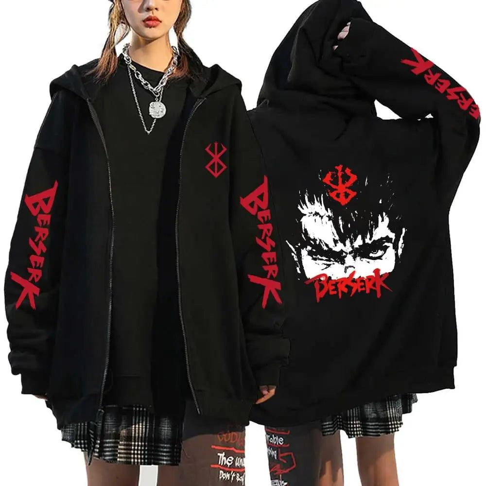 Anime Berserk Guts Printed Zipper Hoodie For Men Women Manga Gothic Vintage Sweatshirt Harajuku Long Sleeves Zip Up Jacket Coats