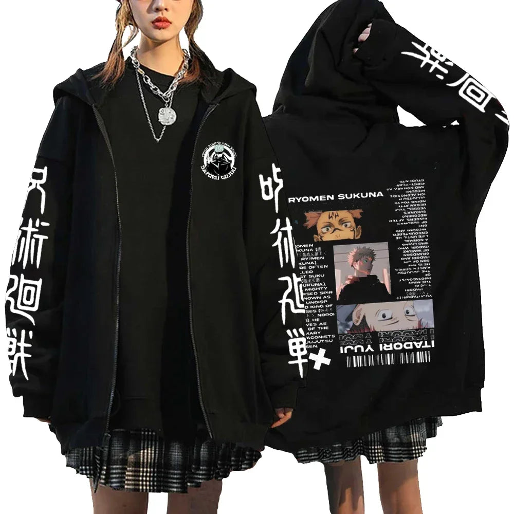 Letter Print Zipper Hoodies Japanese Portrait Printed Harajuku Sweatshirts Men Women Hip Hop Streetwear Zip Up Jacket