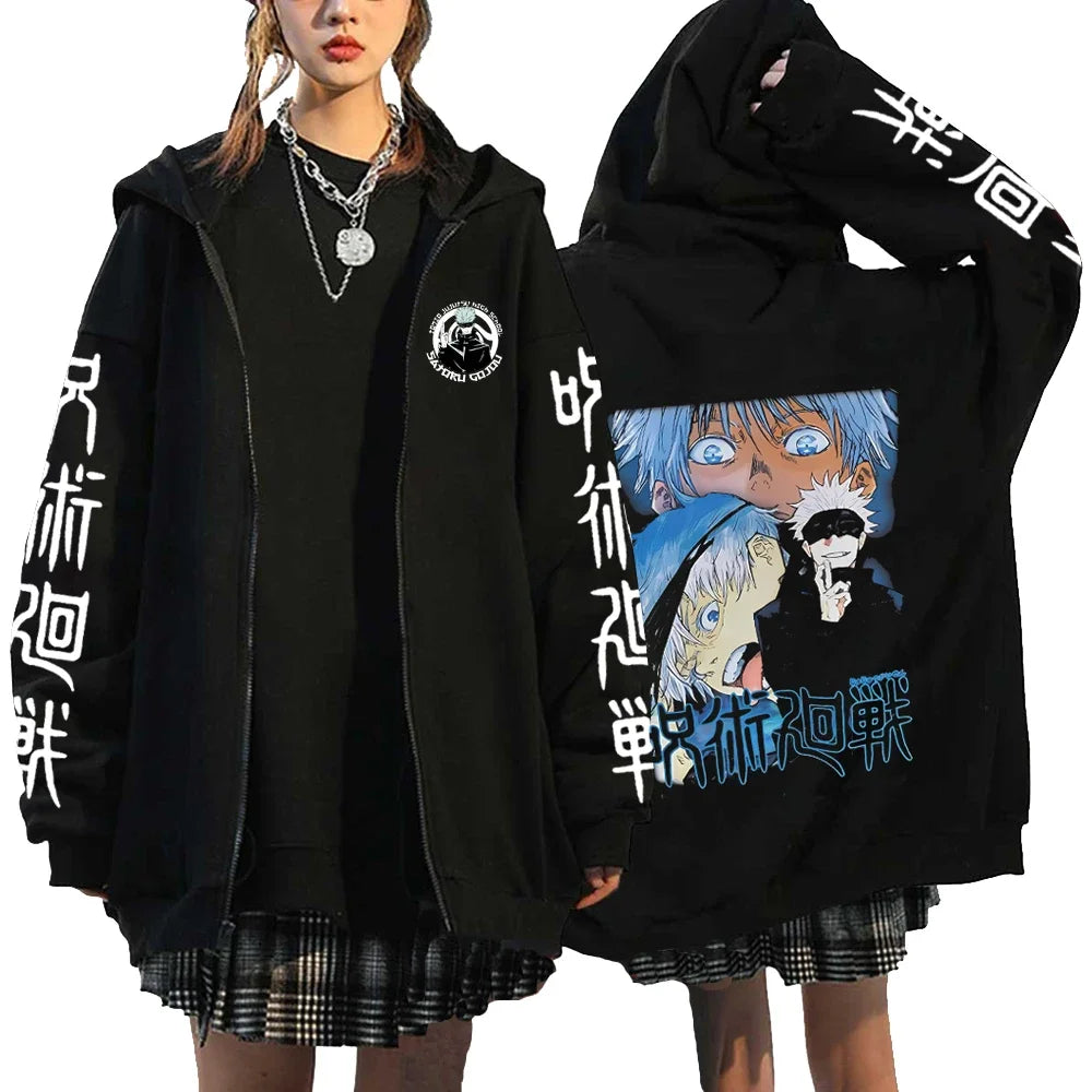 Letter Print Zipper Hoodies Japanese Portrait Printed Harajuku Sweatshirts Men Women Hip Hop Streetwear Zip Up Jacket