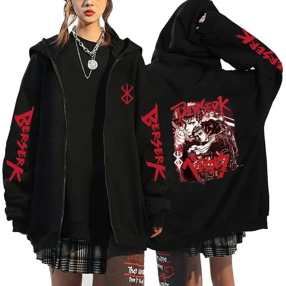 Anime Berserk Guts Printed Zipper Hoodie For Men Women Manga Gothic Vintage Sweatshirt Harajuku Long Sleeves Zip Up Jacket Coats