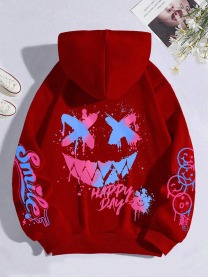 Happy Day Graffiti Print Women Hoodie Street Hip Hop Hoody Fashion Crewneck Versatile Hoodies Vintage Oversize Clothes Female