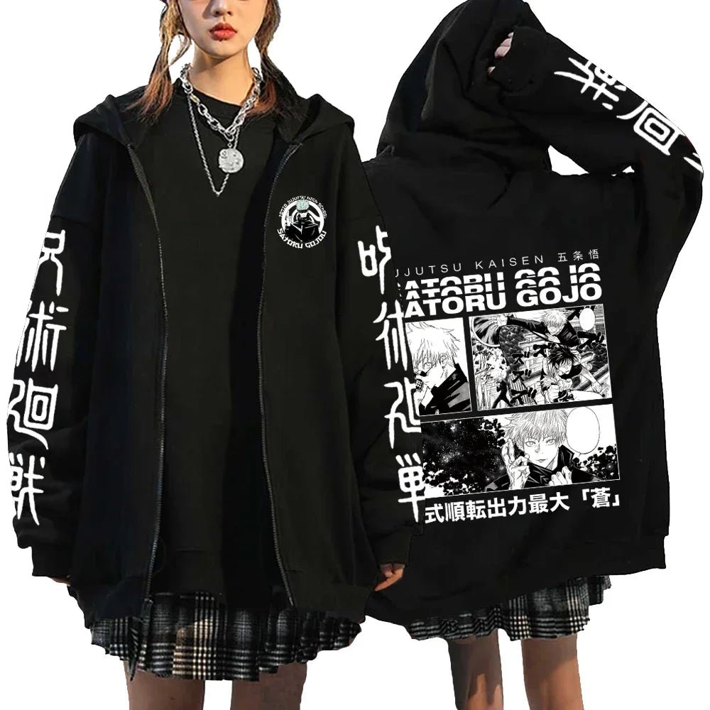 Letter Print Zipper Hoodies Japanese Portrait Printed Harajuku Sweatshirts Men Women Hip Hop Streetwear Zip Up Jacket