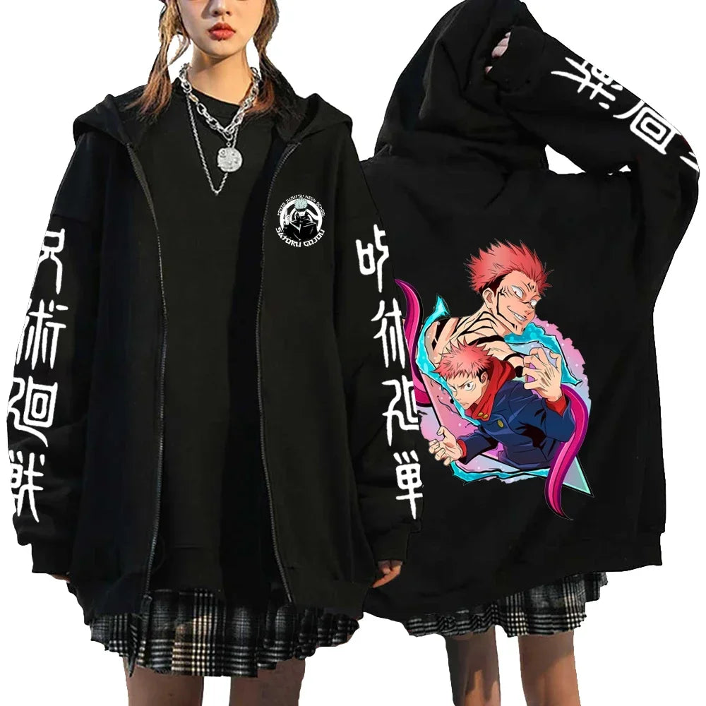 Letter Print Zipper Hoodies Japanese Portrait Printed Harajuku Sweatshirts Men Women Hip Hop Streetwear Zip Up Jacket