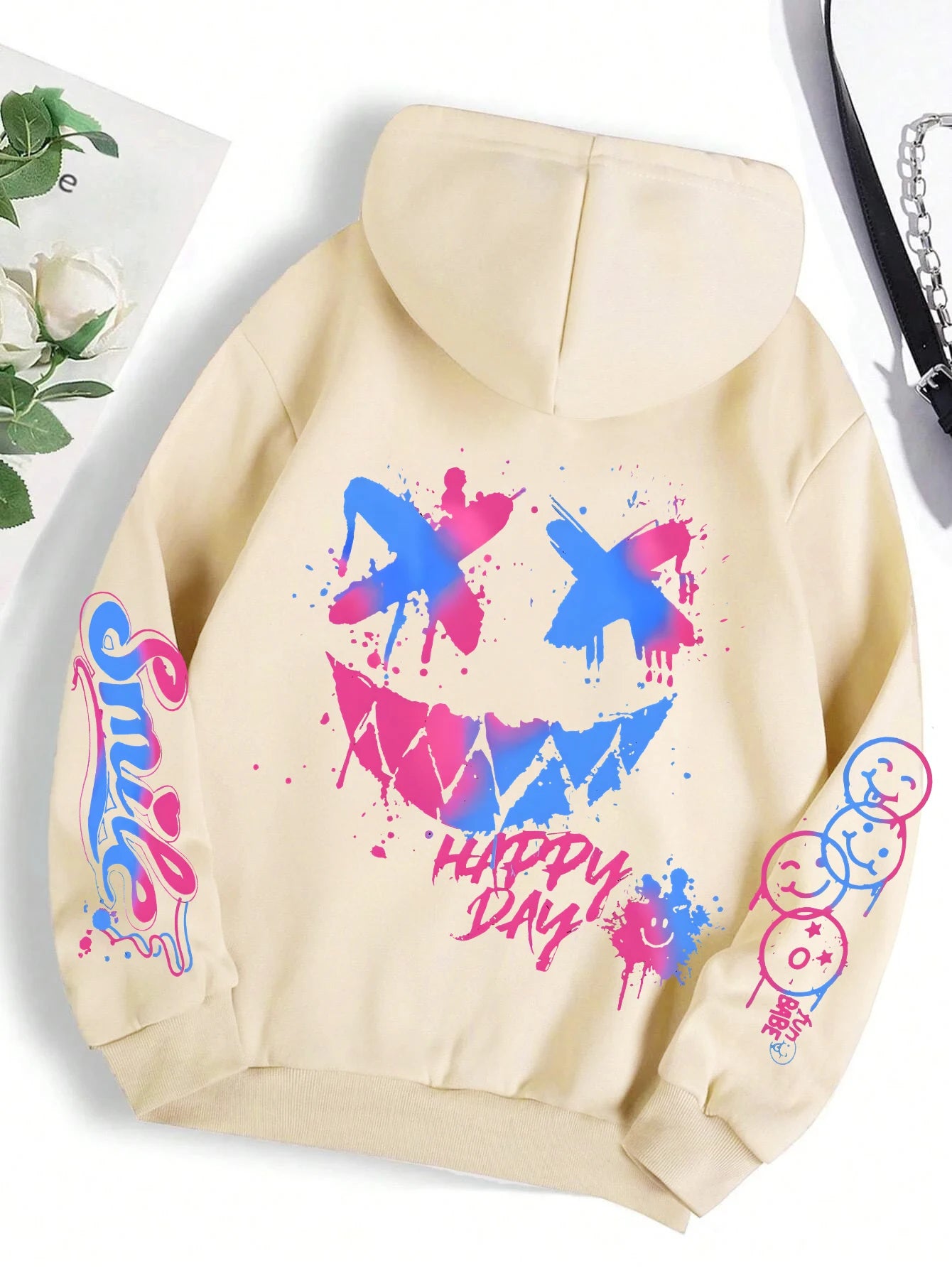 Happy Day Graffiti Print Women Hoodie Street Hip Hop Hoody Fashion Crewneck Versatile Hoodies Vintage Oversize Clothes Female