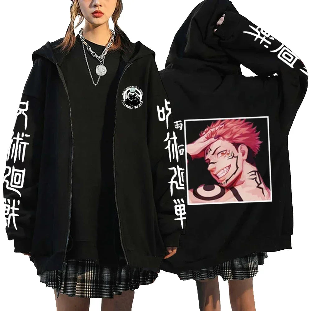 Letter Print Zipper Hoodies Japanese Portrait Printed Harajuku Sweatshirts Men Women Hip Hop Streetwear Zip Up Jacket