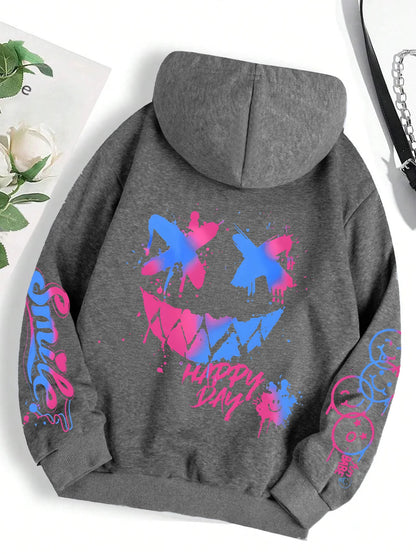 Happy Day Graffiti Print Women Hoodie Street Hip Hop Hoody Fashion Crewneck Versatile Hoodies Vintage Oversize Clothes Female