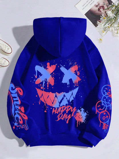 Happy Day Graffiti Print Women Hoodie Street Hip Hop Hoody Fashion Crewneck Versatile Hoodies Vintage Oversize Clothes Female