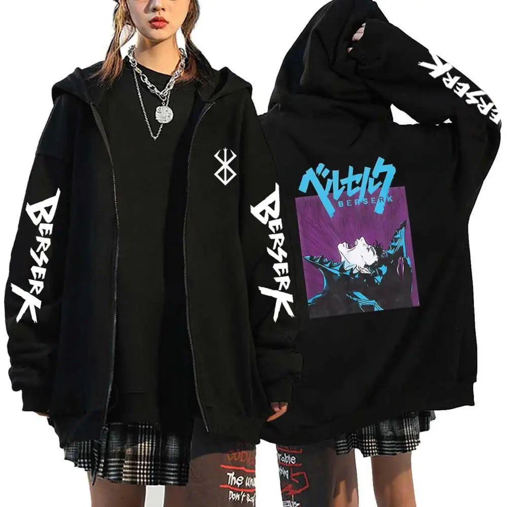 Anime Berserk Guts Printed Zipper Hoodie For Men Women Manga Gothic Vintage Sweatshirt Harajuku Long Sleeves Zip Up Jacket Coats