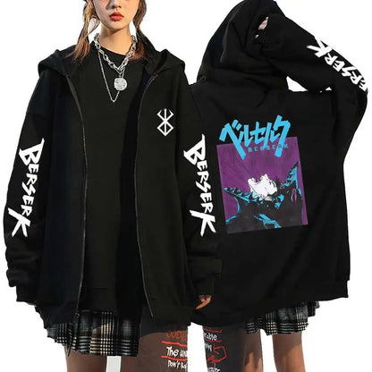 Anime Berserk Guts Printed Zipper Hoodie For Men Women Manga Gothic Vintage Sweatshirt Harajuku Long Sleeves Zip Up Jacket Coats