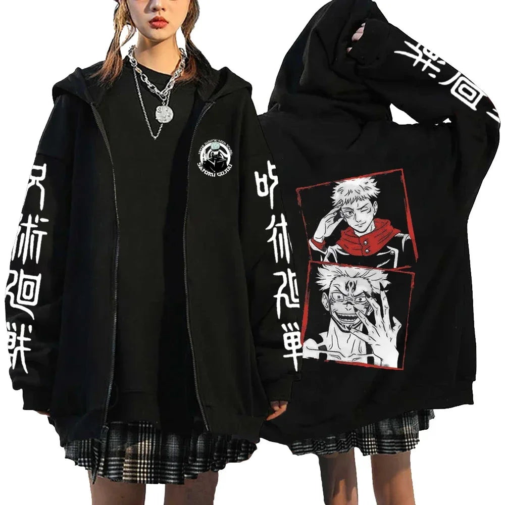 Letter Print Zipper Hoodies Japanese Portrait Printed Harajuku Sweatshirts Men Women Hip Hop Streetwear Zip Up Jacket