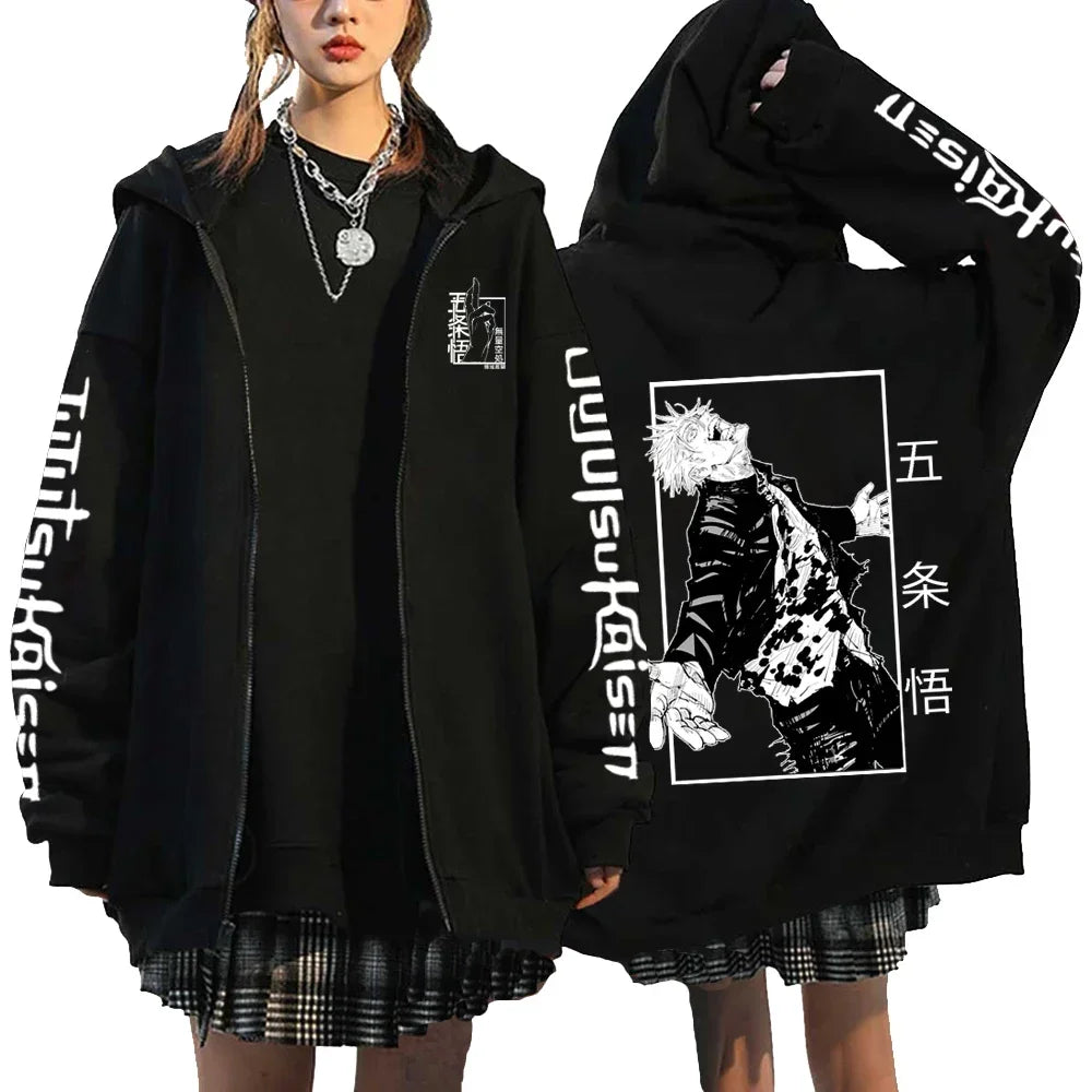 Letter Print Zipper Hoodies Japanese Portrait Printed Harajuku Sweatshirts Men Women Hip Hop Streetwear Zip Up Jacket