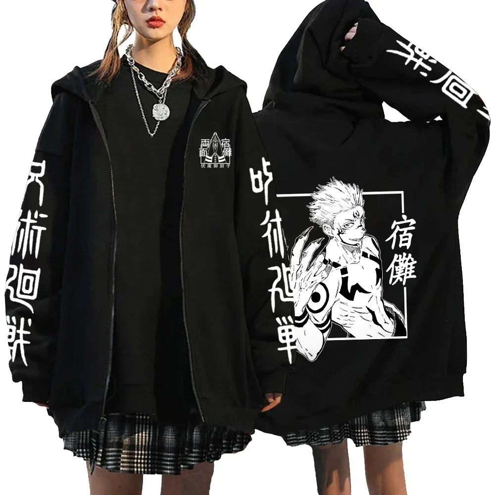 Letter Print Zipper Hoodies Japanese Portrait Printed Harajuku Sweatshirts Men Women Hip Hop Streetwear Zip Up Jacket