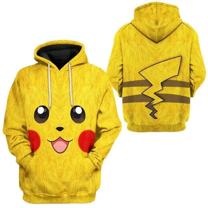 Pikachu Hooded Sweatshirt for Children Adult Pokemon Cartoon Print Hooded Sweatshirt for Men and Women Fall Winter Warm Coat