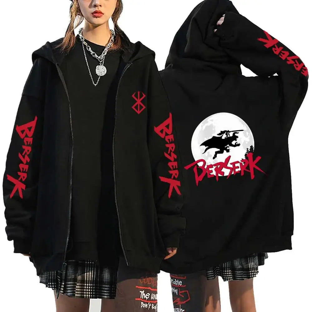 Anime Berserk Guts Printed Zipper Hoodie For Men Women Manga Gothic Vintage Sweatshirt Harajuku Long Sleeves Zip Up Jacket Coats