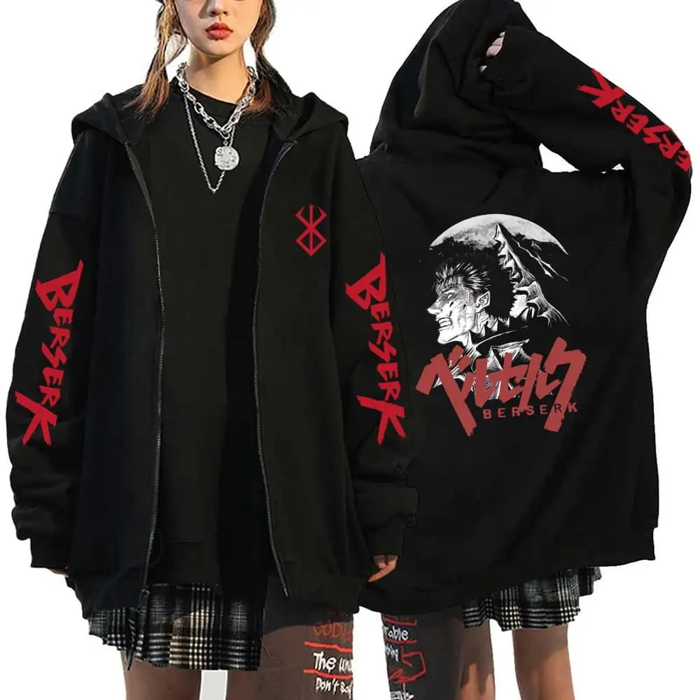 Anime Berserk Guts Printed Zipper Hoodie For Men Women Manga Gothic Vintage Sweatshirt Harajuku Long Sleeves Zip Up Jacket Coats