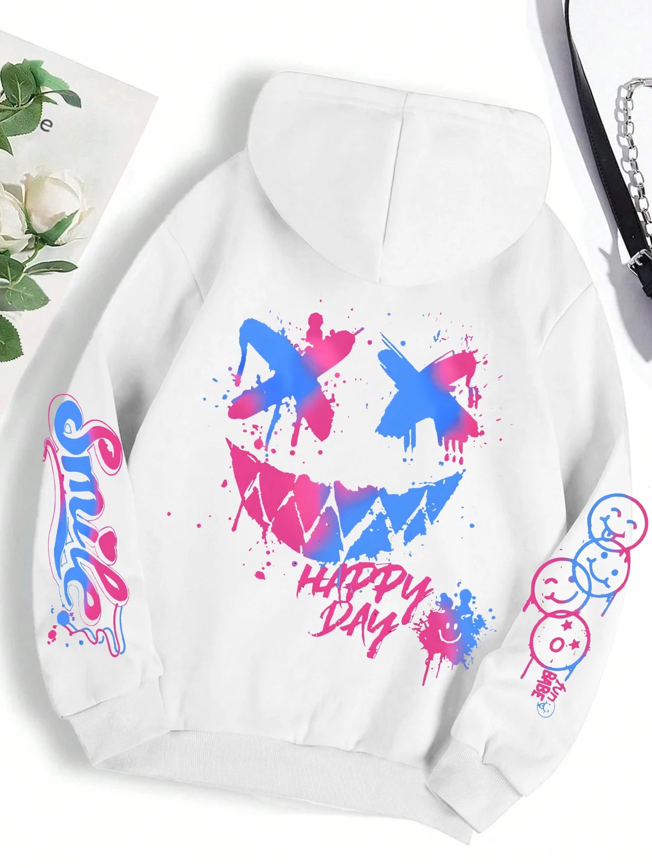 Happy Day Graffiti Print Women Hoodie Street Hip Hop Hoody Fashion Crewneck Versatile Hoodies Vintage Oversize Clothes Female