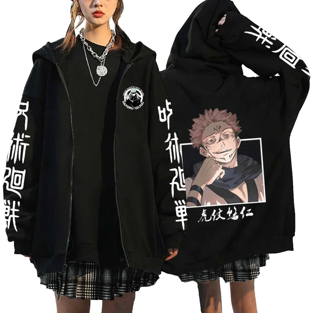 Letter Print Zipper Hoodies Japanese Portrait Printed Harajuku Sweatshirts Men Women Hip Hop Streetwear Zip Up Jacket