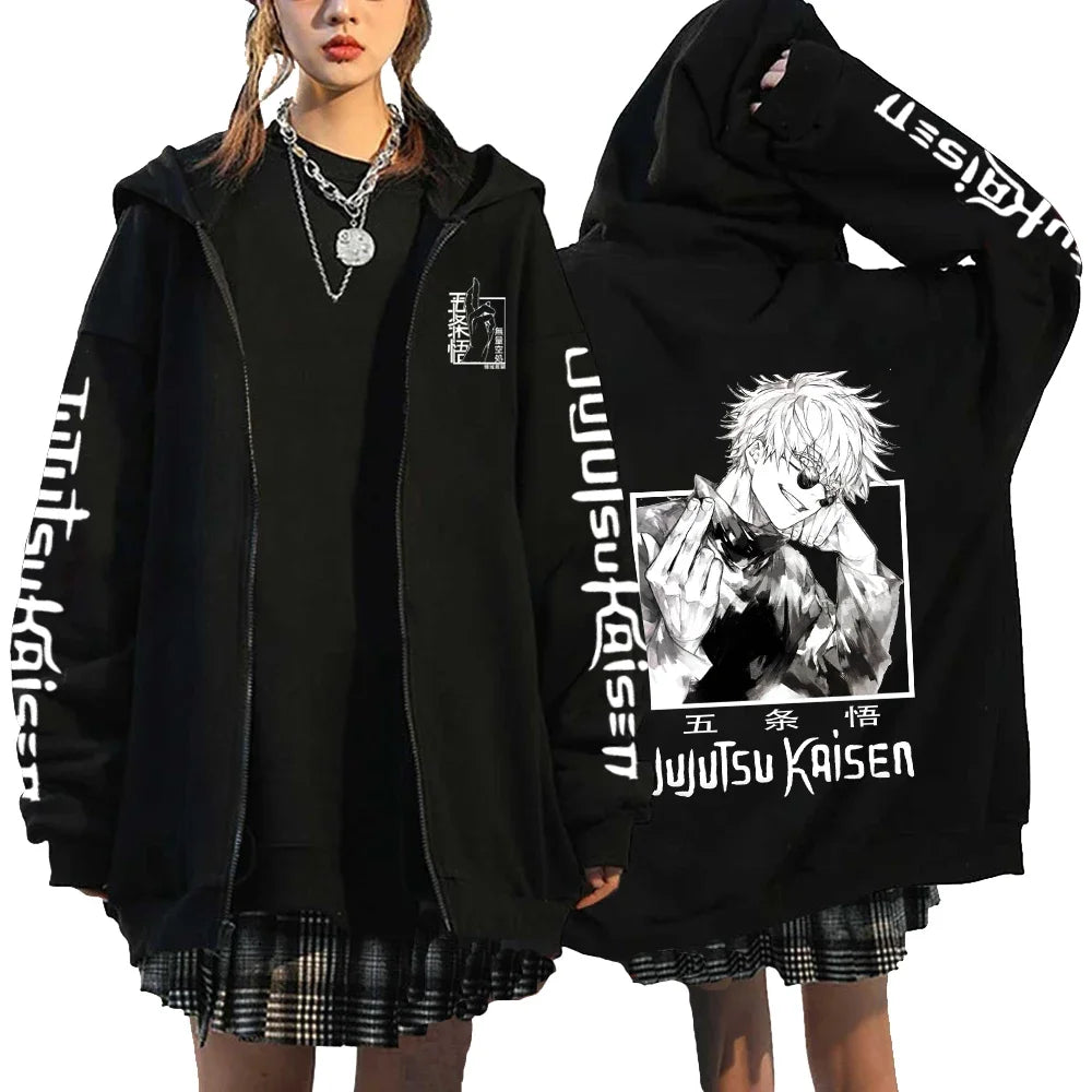 Letter Print Zipper Hoodies Japanese Portrait Printed Harajuku Sweatshirts Men Women Hip Hop Streetwear Zip Up Jacket