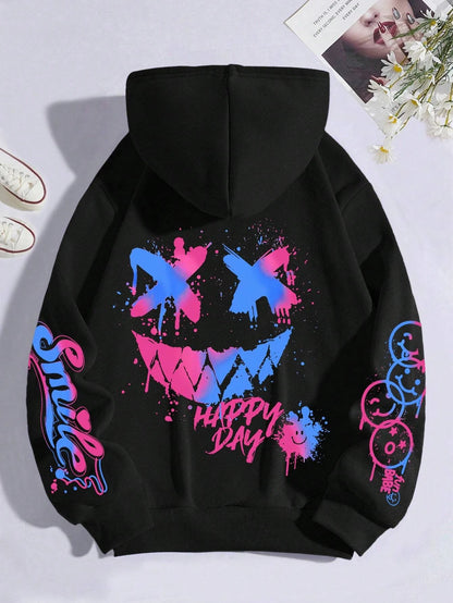 Happy Day Graffiti Print Women Hoodie Street Hip Hop Hoody Fashion Crewneck Versatile Hoodies Vintage Oversize Clothes Female