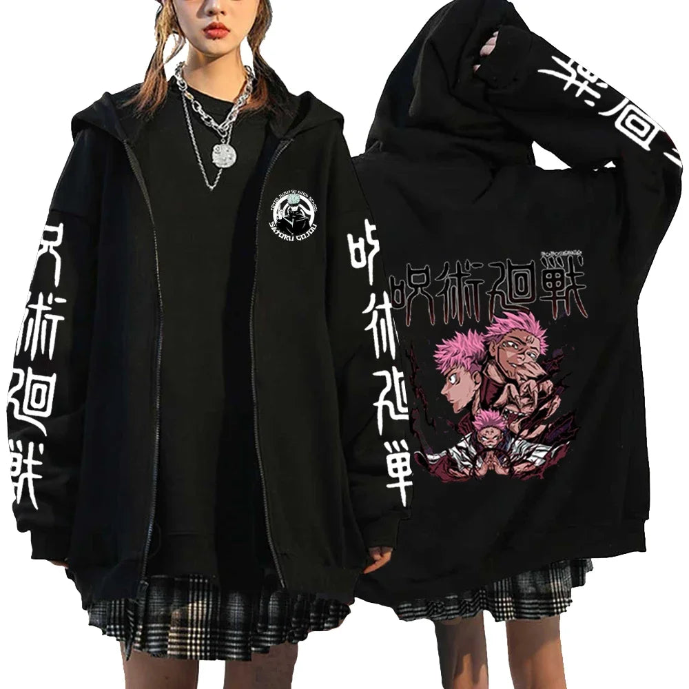 Letter Print Zipper Hoodies Japanese Portrait Printed Harajuku Sweatshirts Men Women Hip Hop Streetwear Zip Up Jacket