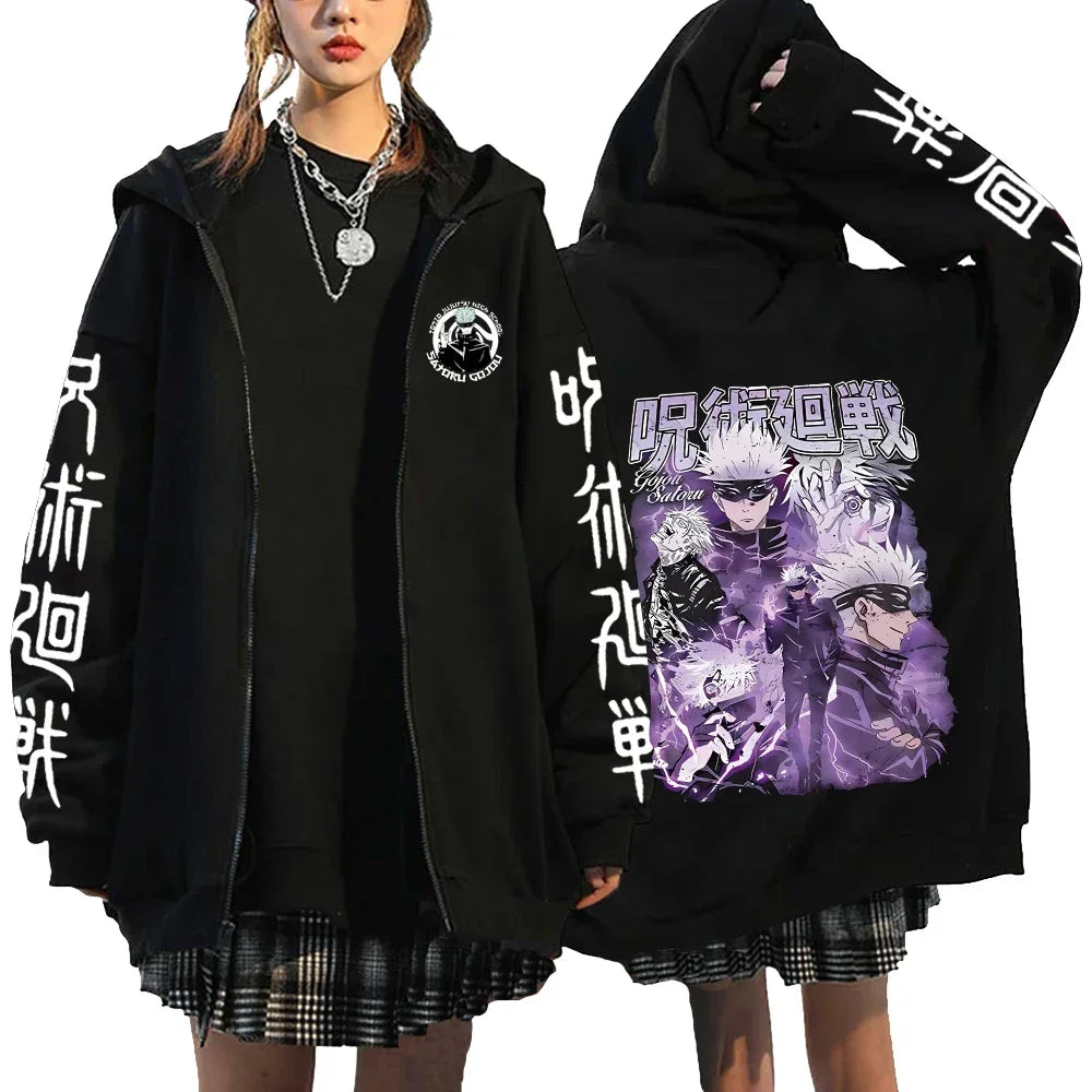 Letter Print Zipper Hoodies Japanese Portrait Printed Harajuku Sweatshirts Men Women Hip Hop Streetwear Zip Up Jacket