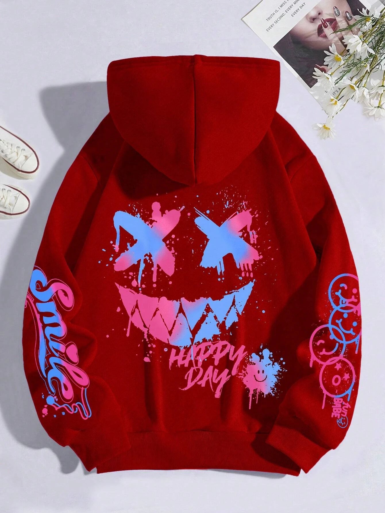 Happy Day Graffiti Print Women Hoodie Street Hip Hop Hoody Fashion Crewneck Versatile Hoodies Vintage Oversize Clothes Female