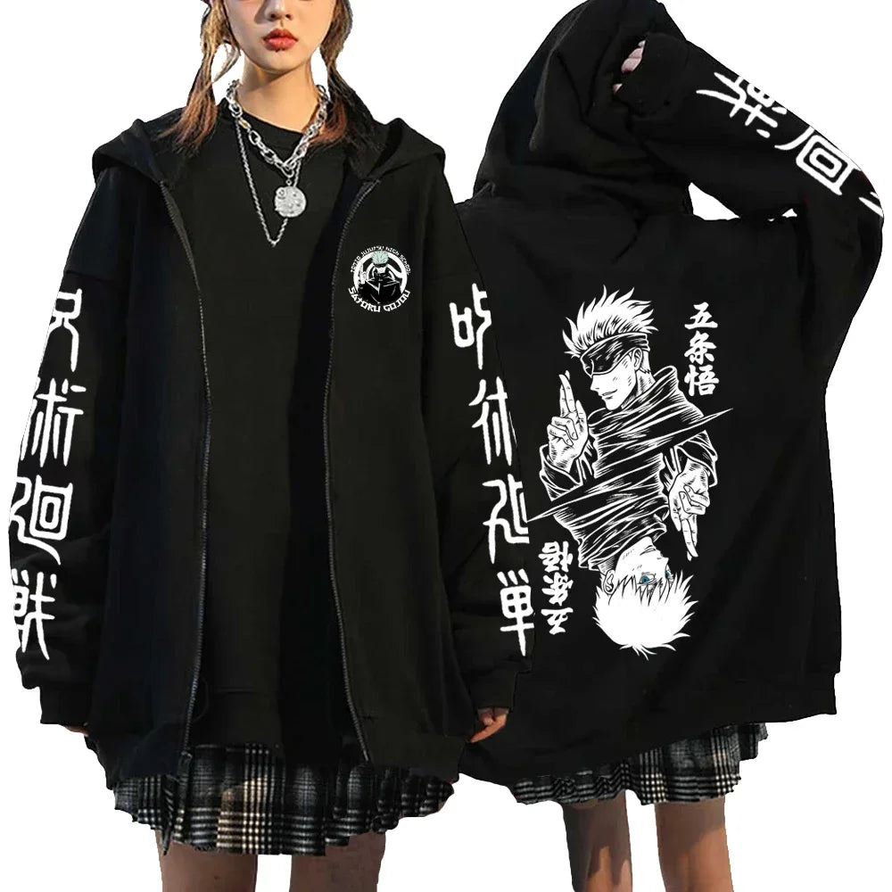 Letter Print Zipper Hoodies Japanese Portrait Printed Harajuku Sweatshirts Men Women Hip Hop Streetwear Zip Up Jacket