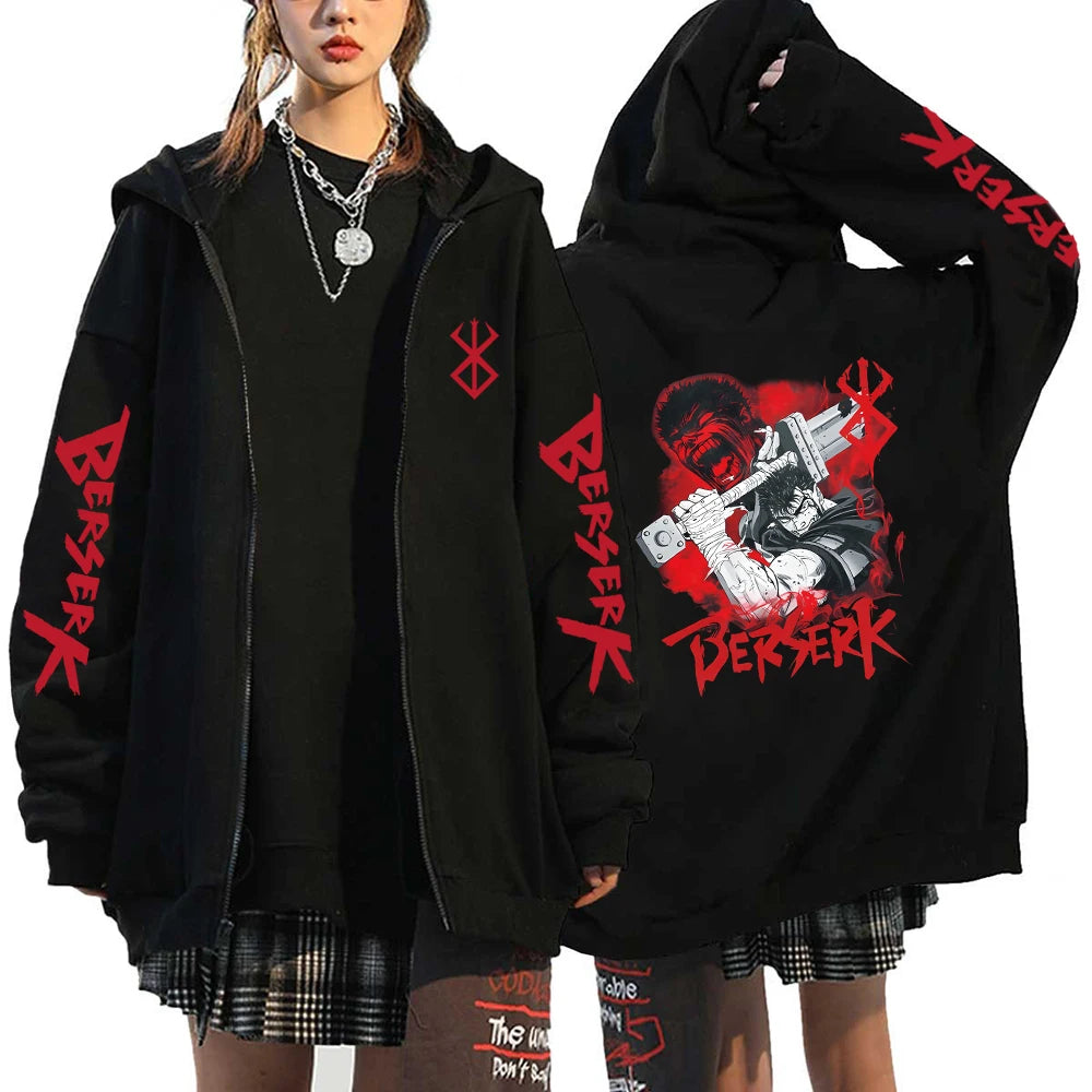 Anime Berserk Guts Printed Zipper Hoodie For Men Women Manga Gothic Vintage Sweatshirt Harajuku Long Sleeves Zip Up Jacket Coats