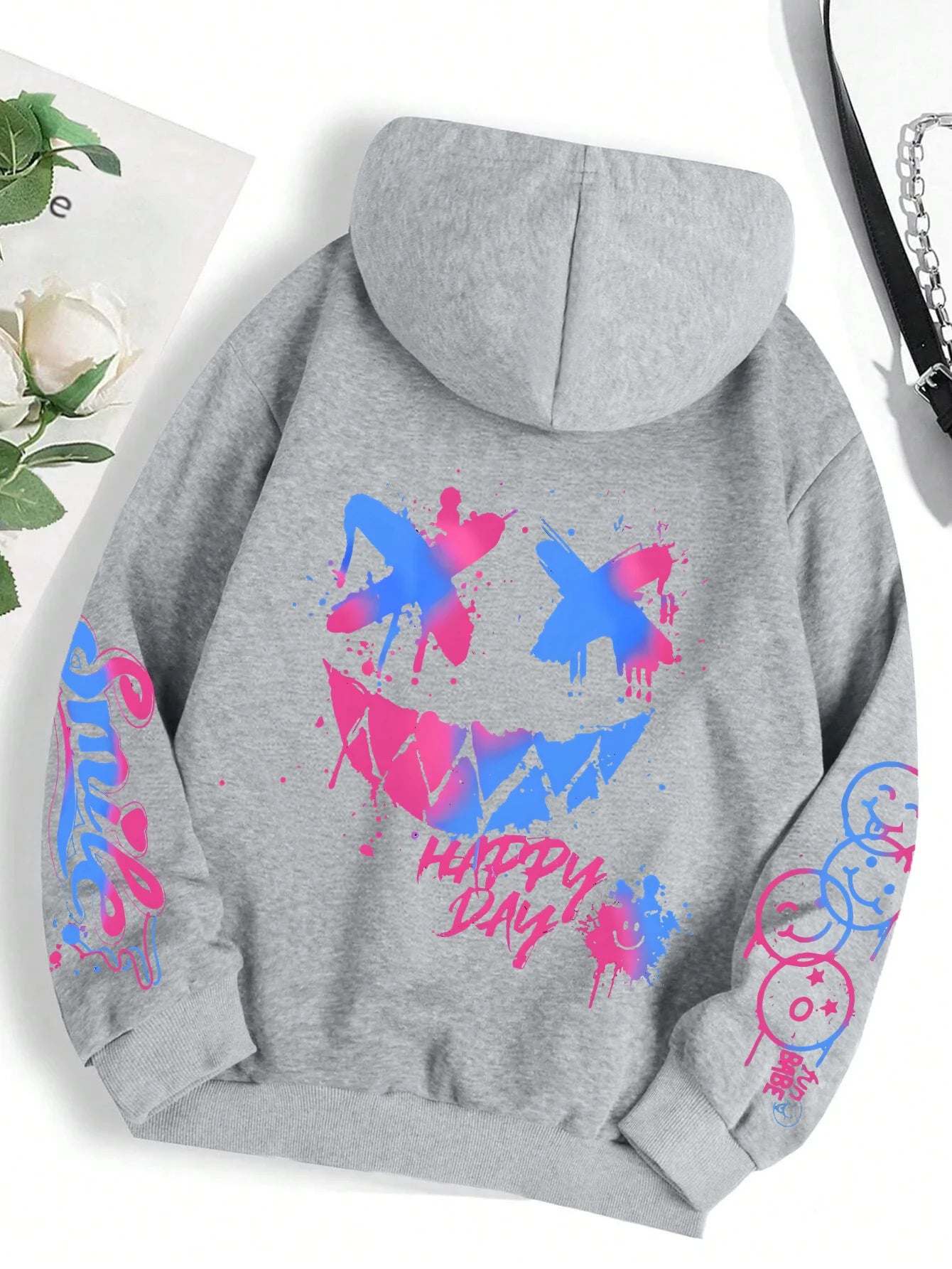 Happy Day Graffiti Print Women Hoodie Street Hip Hop Hoody Fashion Crewneck Versatile Hoodies Vintage Oversize Clothes Female