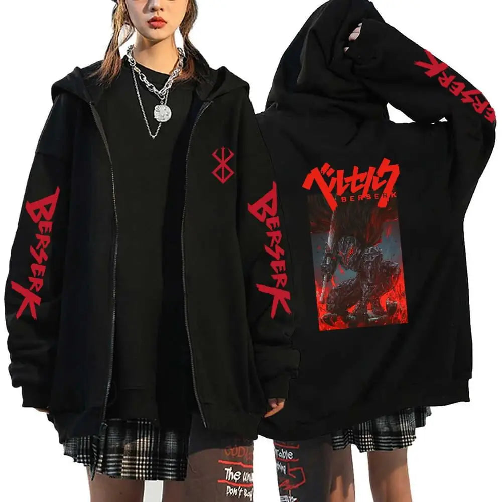 Anime Berserk Guts Printed Zipper Hoodie For Men Women Manga Gothic Vintage Sweatshirt Harajuku Long Sleeves Zip Up Jacket Coats