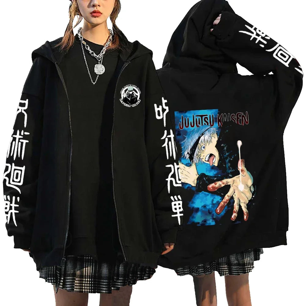 Letter Print Zipper Hoodies Japanese Portrait Printed Harajuku Sweatshirts Men Women Hip Hop Streetwear Zip Up Jacket