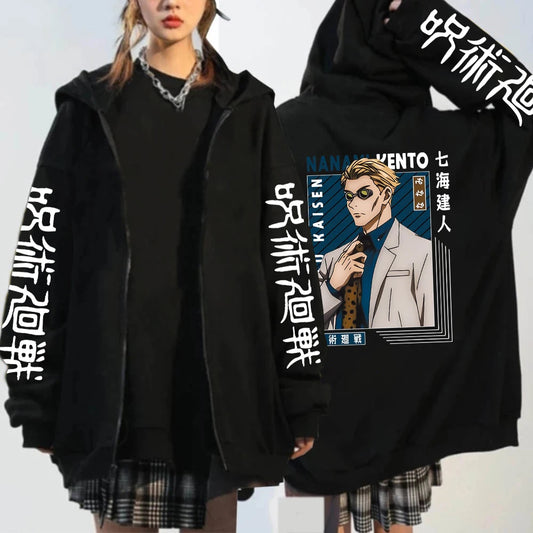 Anime Nanami Kento Jujutsu Kaisen Manga Zipper Hoodies Korean Version Vintage Boy Graphic Casual Warm Black Zip Up jacket coat