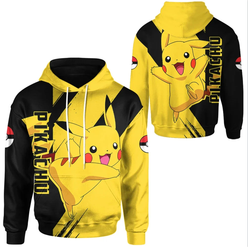 Pikachu Hooded Sweatshirt for Children Adult Pokemon Cartoon Print Hooded Sweatshirt for Men and Women Fall Winter Warm Coat