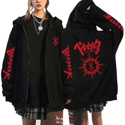 Anime Berserk Guts Printed Zipper Hoodie For Men Women Manga Gothic Vintage Sweatshirt Harajuku Long Sleeves Zip Up Jacket Coats