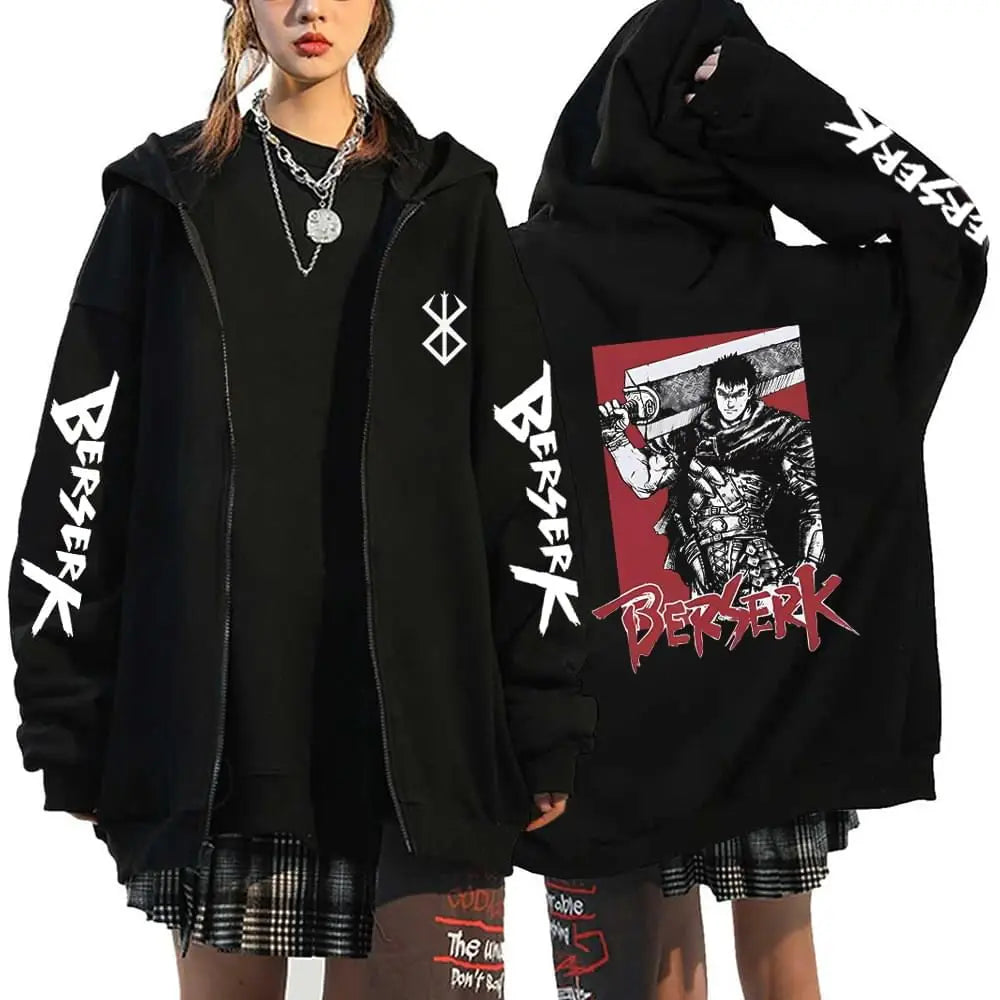 Anime Berserk Guts Printed Zipper Hoodie For Men Women Manga Gothic Vintage Sweatshirt Harajuku Long Sleeves Zip Up Jacket Coats