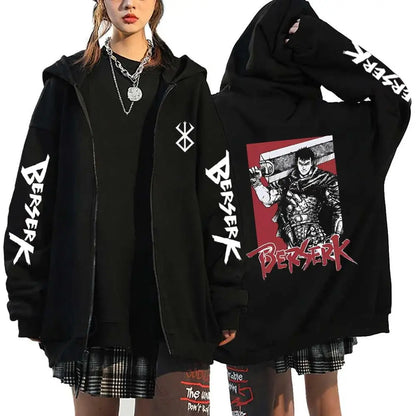 Anime Berserk Guts Printed Zipper Hoodie For Men Women Manga Gothic Vintage Sweatshirt Harajuku Long Sleeves Zip Up Jacket Coats