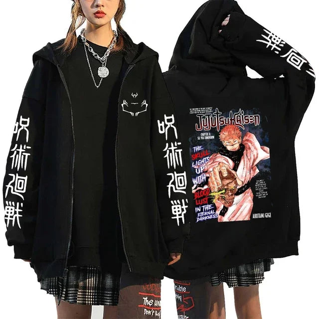 Ryomen Sukuna Graphic Printed Hooded Anime Jujutsu Kaisen Clothes Men Women Zip Up Hoodies Harajuku Sweatshirt Casual Zip Jacket