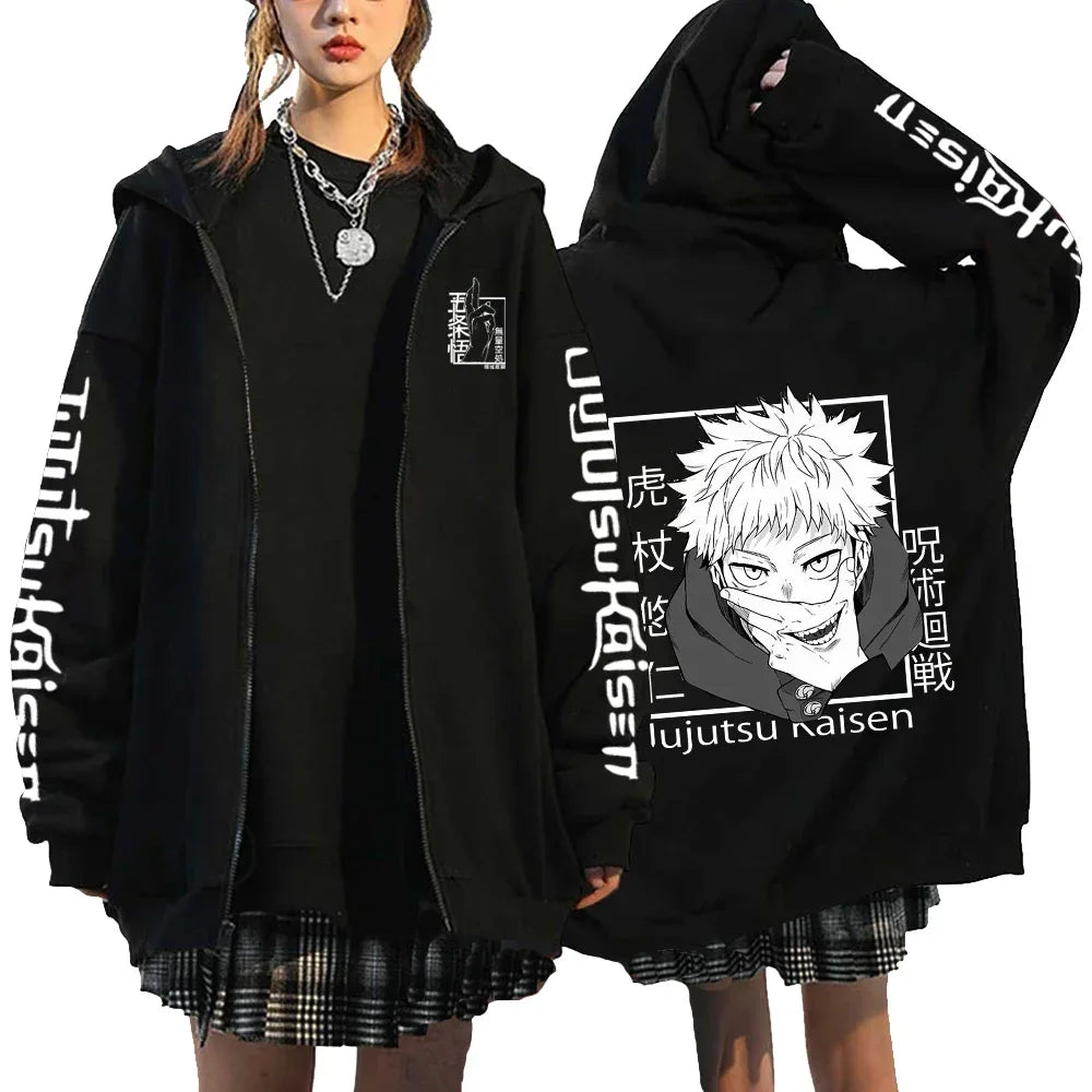 Letter Print Zipper Hoodies Japanese Portrait Printed Harajuku Sweatshirts Men Women Hip Hop Streetwear Zip Up Jacket