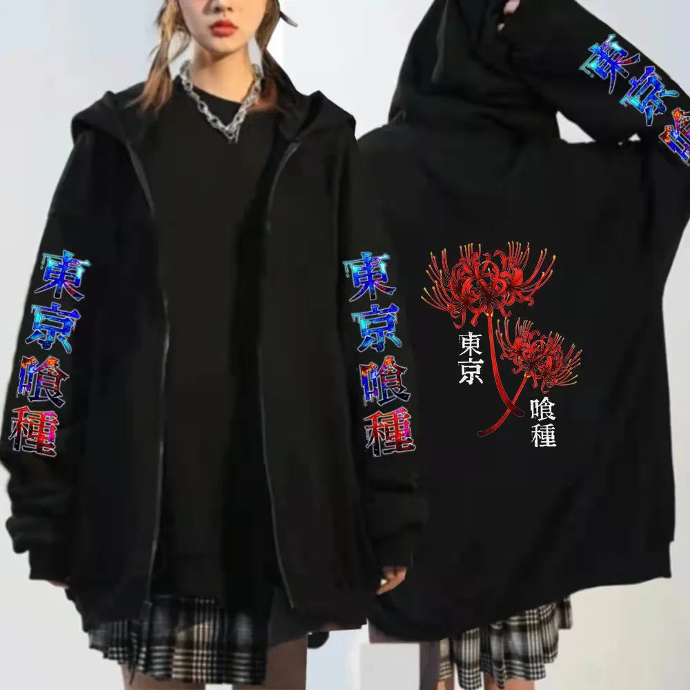 Tokyo Ghoul Spider Lily Anime Cosplay Graphic Men Hoodies Harajuku Zipper Hoodie Tokyo Ghoul Kanekiken Manga Zip Sweatshirts Top