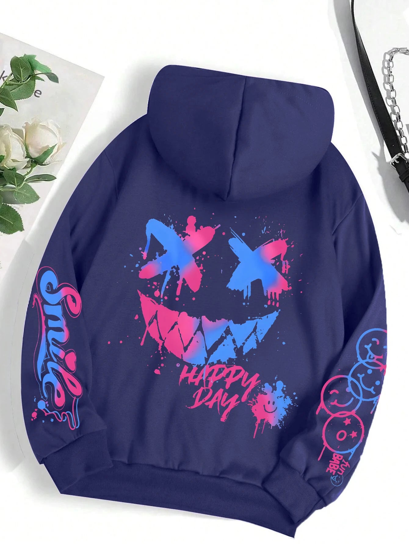 Happy Day Graffiti Print Women Hoodie Street Hip Hop Hoody Fashion Crewneck Versatile Hoodies Vintage Oversize Clothes Female