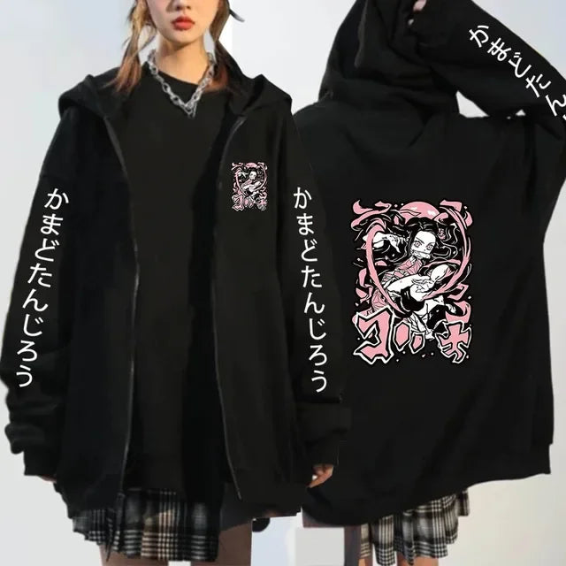 Anime Kochou Shinobu Zipper Hoodie Manga Winter Autumn Casual Jacket Sweatshirt Harajuku Demon Slayer Kimetsu No Yaiba Coats