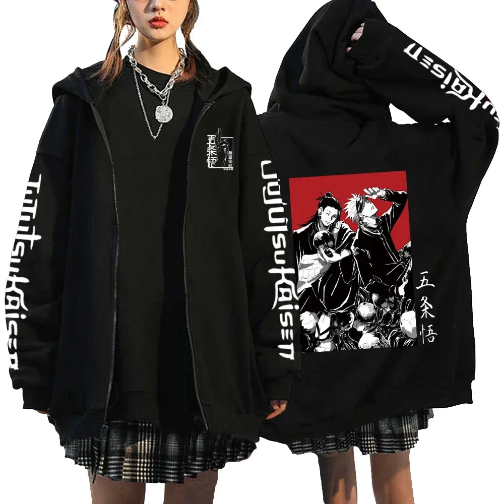 Letter Print Zipper Hoodies Japanese Portrait Printed Harajuku Sweatshirts Men Women Hip Hop Streetwear Zip Up Jacket