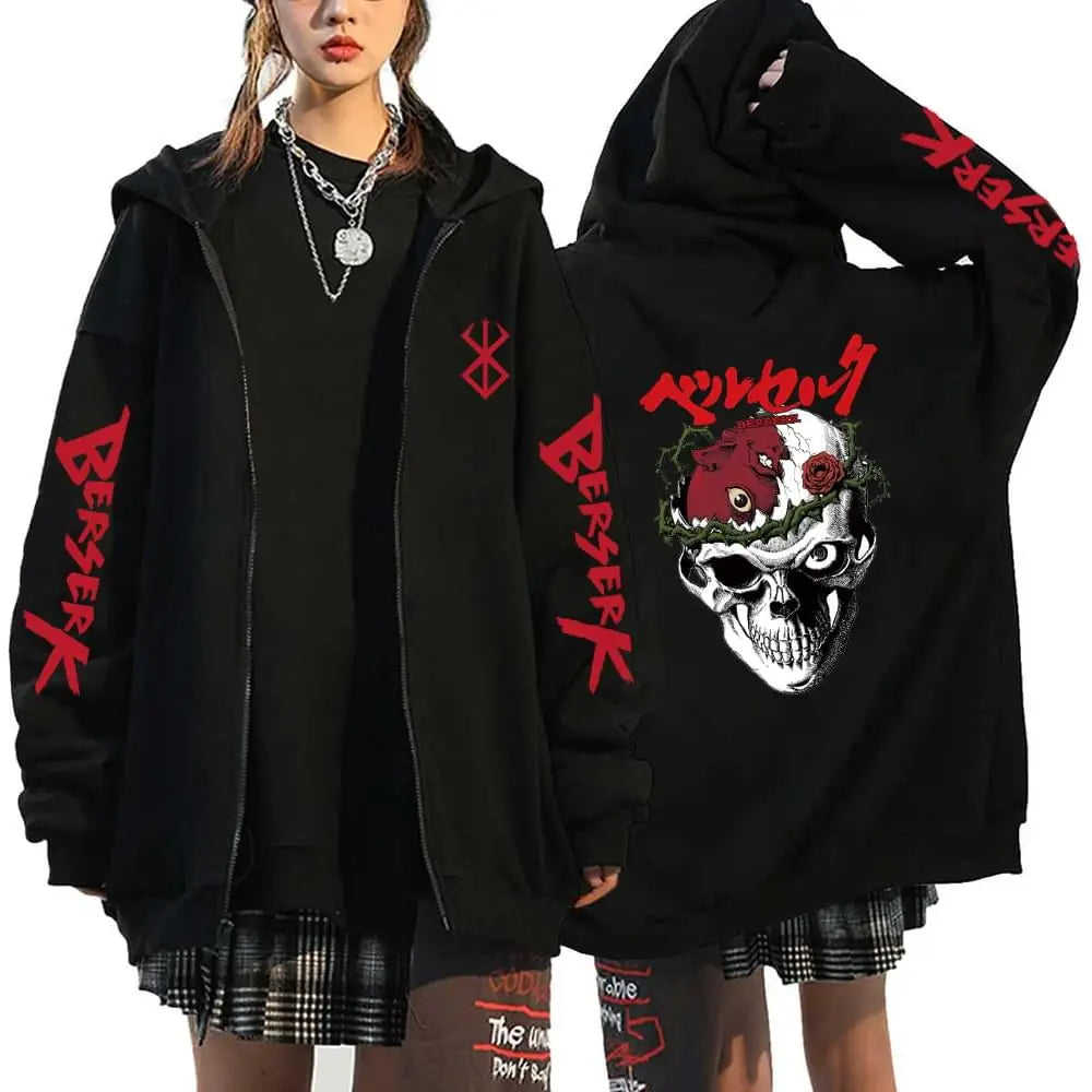 Anime Berserk Guts Printed Zipper Hoodie For Men Women Manga Gothic Vintage Sweatshirt Harajuku Long Sleeves Zip Up Jacket Coats